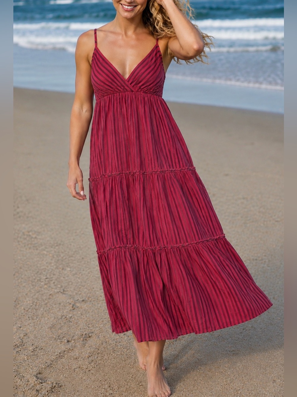 Natural Life Ella Red Tiered Maxi Stripes Dress Boho Cottagecore Pockets L/XL